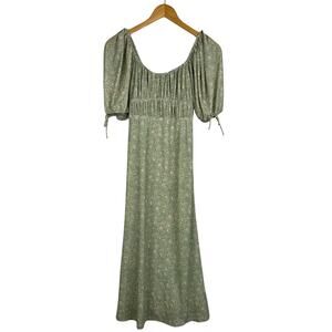 4SI3NNA Green & Tan Smocked Puff Sleeve Midi Dress